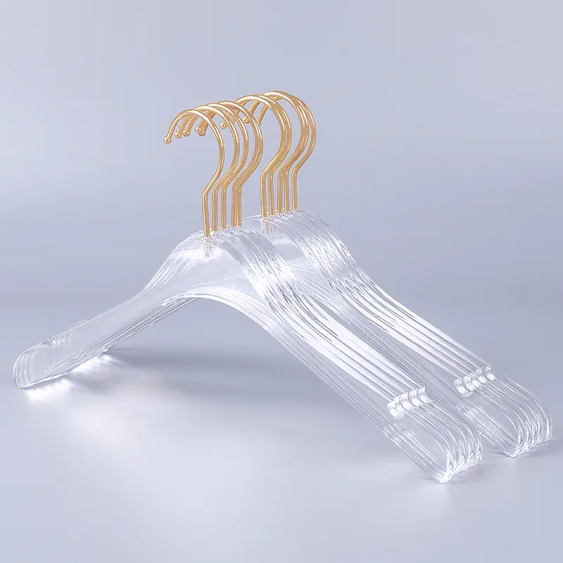 New clothing store transparent clear rack acrylic clothes and pants hanger with Gold Hook