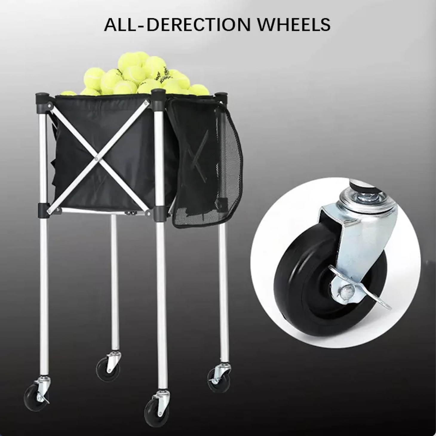 160pcs Storage Portable Tennis Ball Cart Foldable Frame Tennis Balls Hopper Basket Practice Ball Pickup Tennis Basket with Wheel