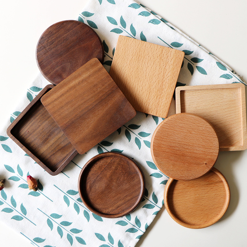 Solid beech wood coaster wooden lid square round wooden coffee coaster placemat bamboo tea coaster