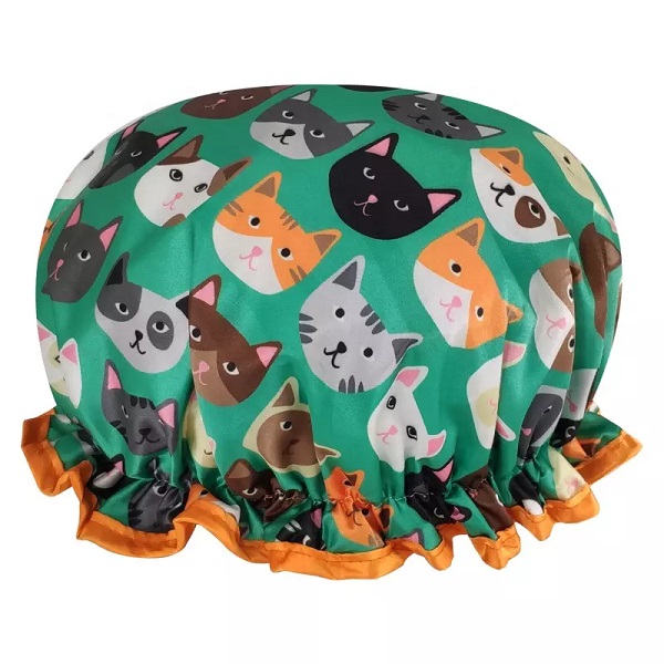 Factorydirect high quality cartoon shower caps low MOQ large enough elastic double layer satin cats shower cap Featured Image