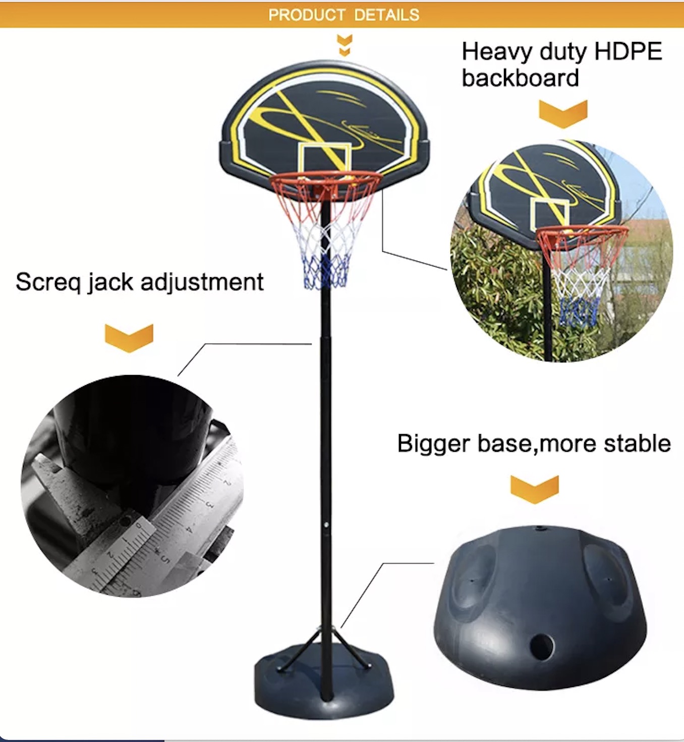 Telescopic Adjustment Steel Pole PE Backboard Basketball Hoop Stand with Base for Game