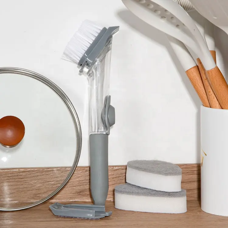 Long Handle Scraper Pan Scrub Kitchen Dishwand Soap Dispensing Dish Brush With 2Pcs Replacement Sponge Head