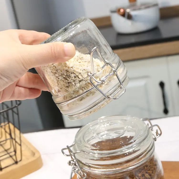 Wire Clip Sugar Round Beans Spice Canister Airtight Food Storage Jar Condiment Glass Jar For Food Storage