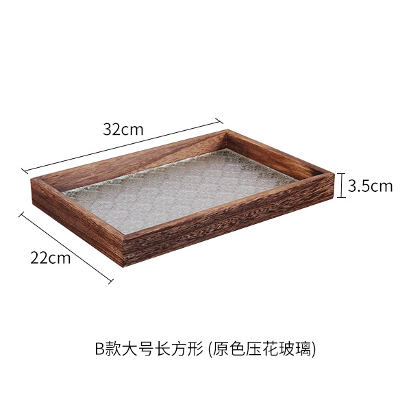 Vintage style begonia flower glass tray solid wood rectangular small tea tray water cup storage fruit tray snack plate
