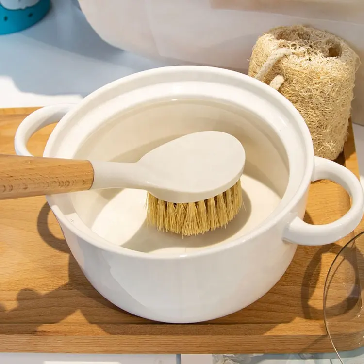 Oem Multi-Functional Birch Wood Handle Built-in Scraper Head Pan Sisal Pot Brush Kitchen Cleaning Brush For Sink Stove