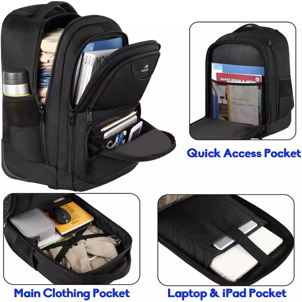 Men Women Waterproof Rolling Trolley Black Laptop Backpack Polyester Carry On BagPack OEM Travel Backpack