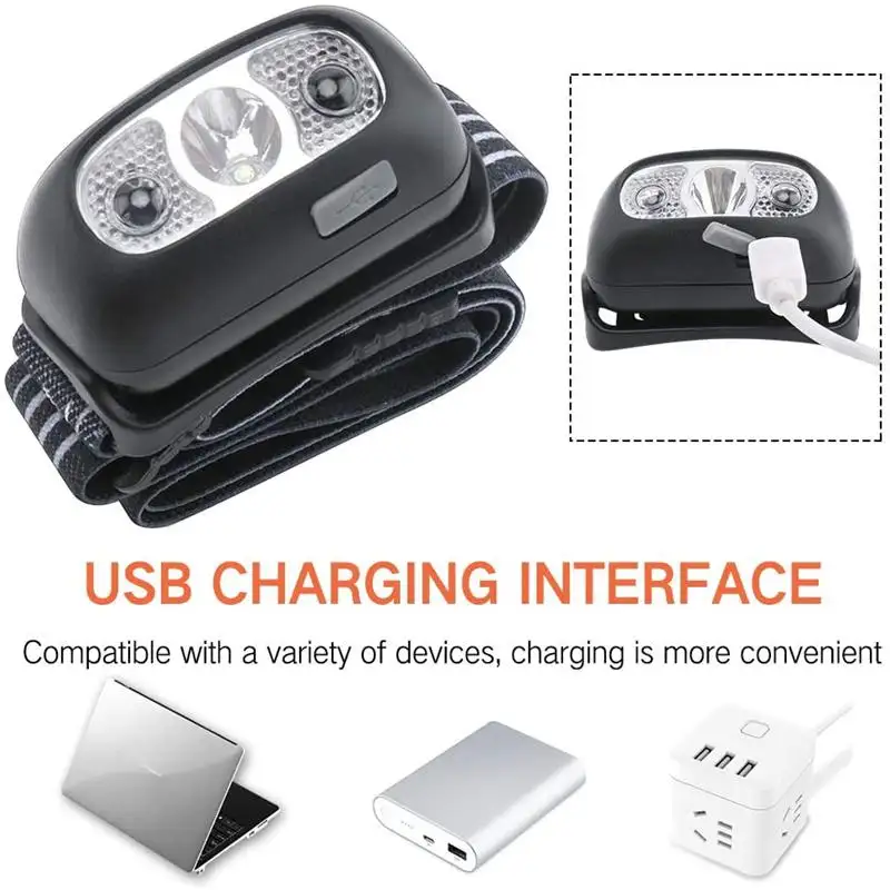 USB Rechargeable 3W LED Headlamp 4 Mode Running Head Torch Portable Mini LED Head Light with Motion Sensor