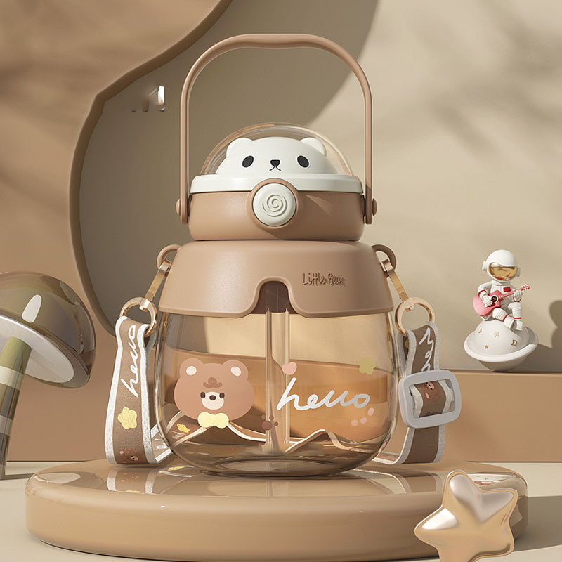 New potbelly cup for male and female students high-value cartoon hugging bear water cup children’s portable straw Plastic cups