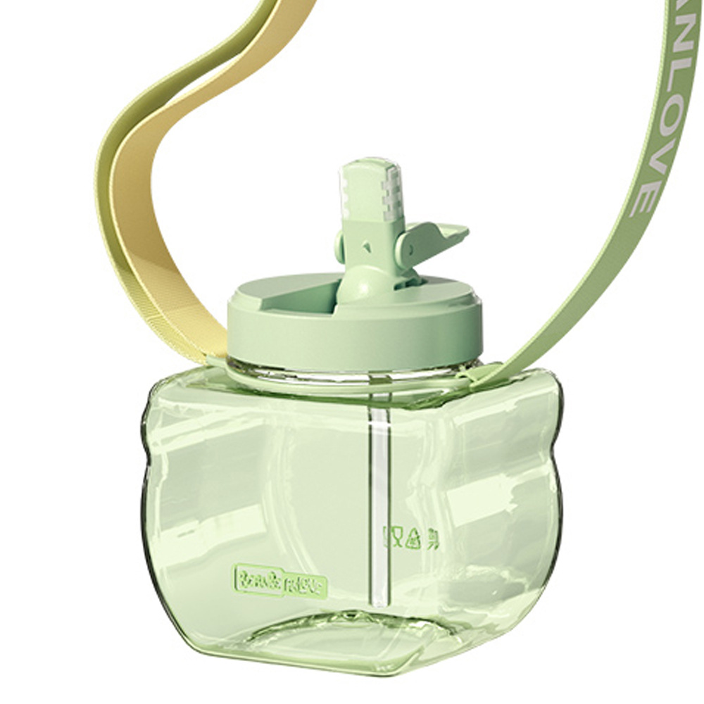 High-value accompanying cup, net celebrity flat three-use student portable strap, straw water cup, cute large-capacity plastic cup