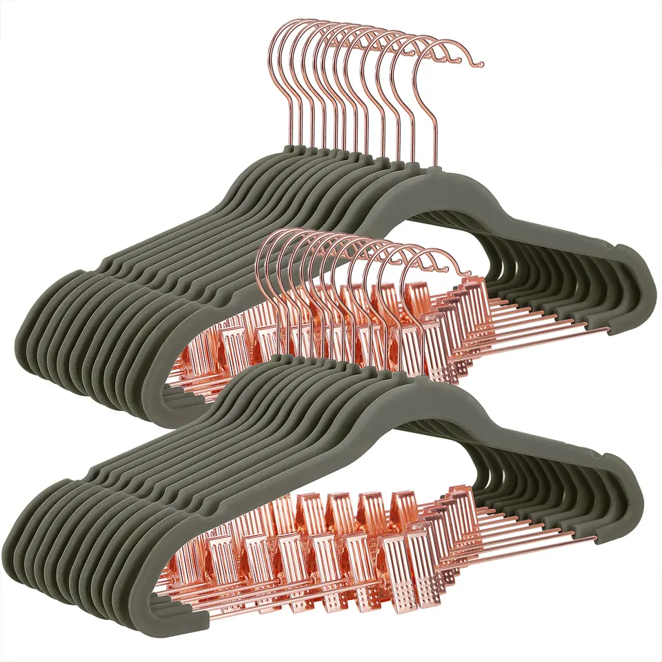 wholesale custom 24 pack non slip rose gold bulk clothes hangers with swivel hook pants velvet hangers