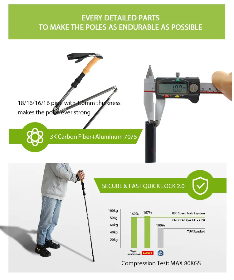 Outdoor 4-Section retractable foldable 3k carbon fiber Hiking trekking walking sticks poles with Quick