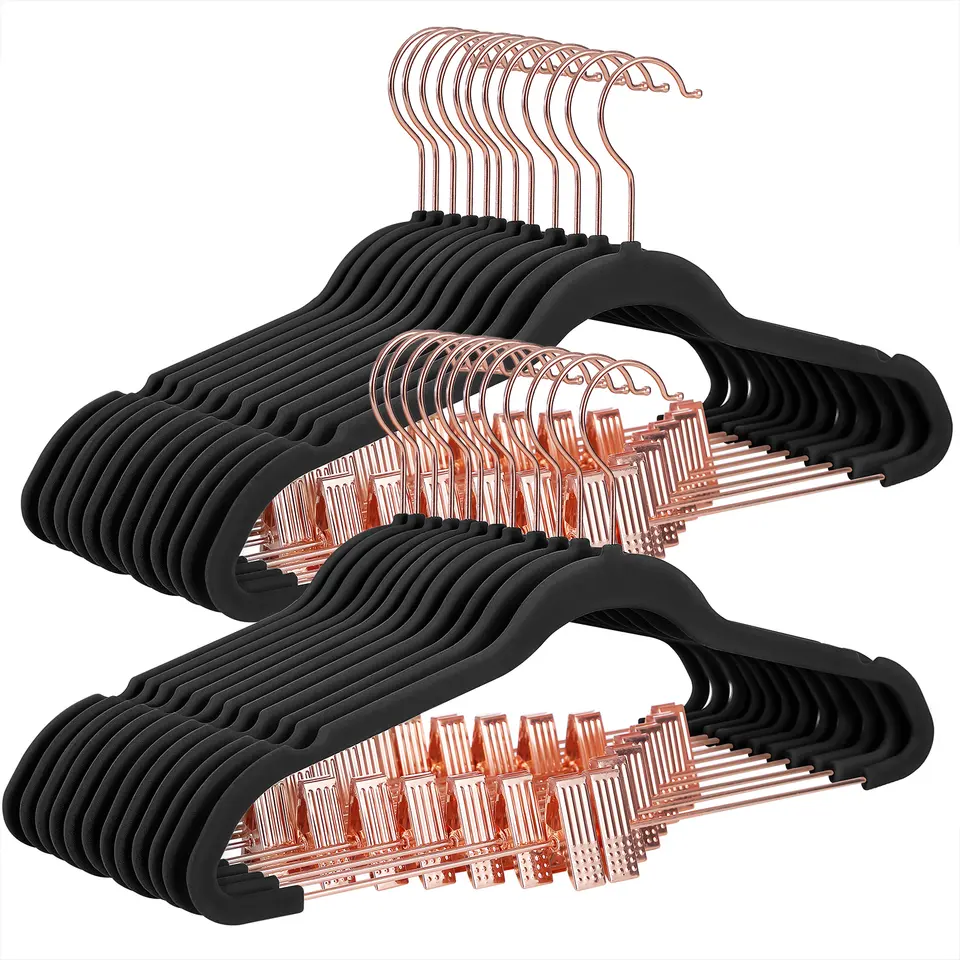 wholesale custom 24 pack non slip rose gold bulk clothes hangers with swivel hook pants velvet hangers