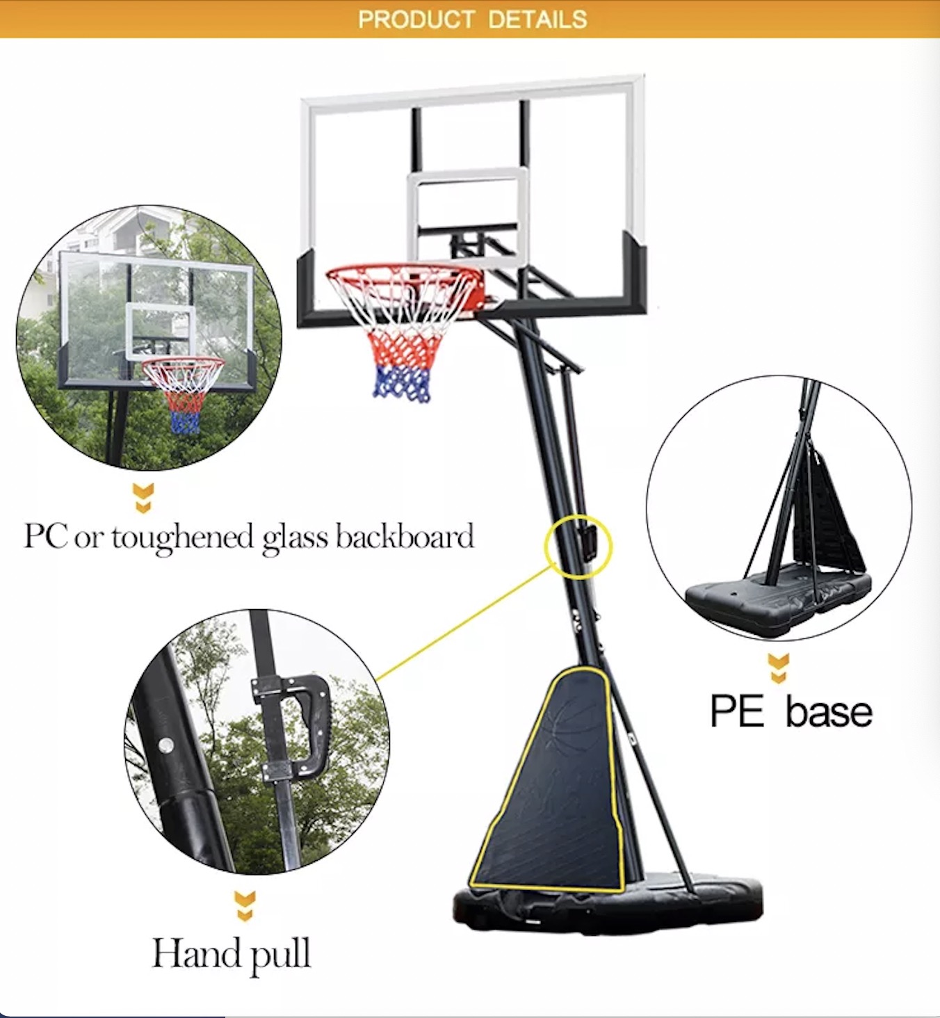 54” backboard Tempered glass Dunk Basketball hoop Basketball stand 5v5 competition Street basketball Outdoor movable