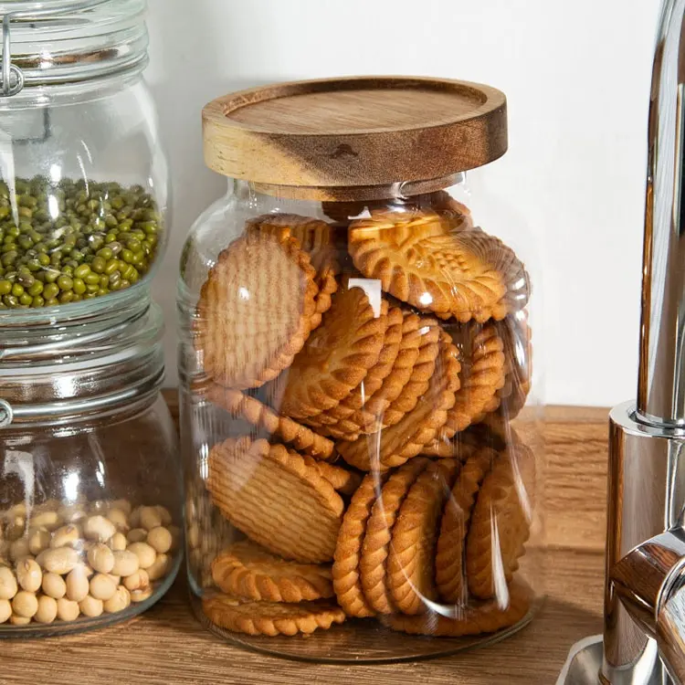 Oem Wide Mouth Thick High Borosilicate Glass Large Kitchen Grains Container Glass Spice Food Storage Jar With Wooden Lid