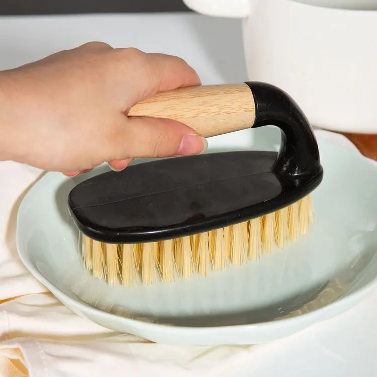 Oem Eco-Friendly Ergonomic Non-Slip Handle Non-Scratch Pot Cleaning Brush Bamboo Kitchen Dish Scrub Brush For Pan Sink
