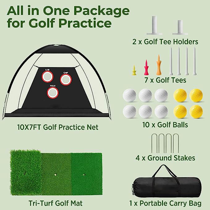 10×7 Feet Golf Practice Mesh with Triple Turf Golf Mat, Professional Cutting Targets
