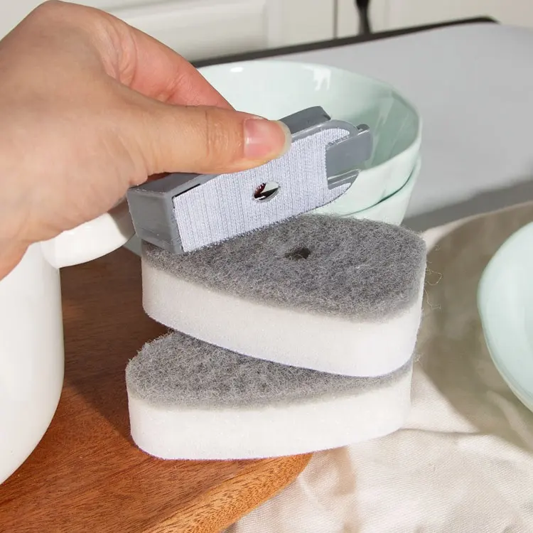 Long Handle Scraper Pan Scrub Kitchen Dishwand Soap Dispensing Dish Brush With 2Pcs Replacement Sponge Head