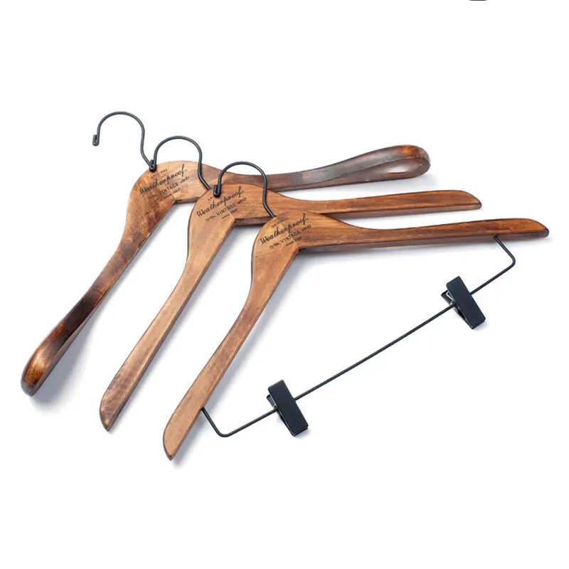 Custom Set Antique Dark Wooden Suit Clothes Hangers with Matt Black Hook