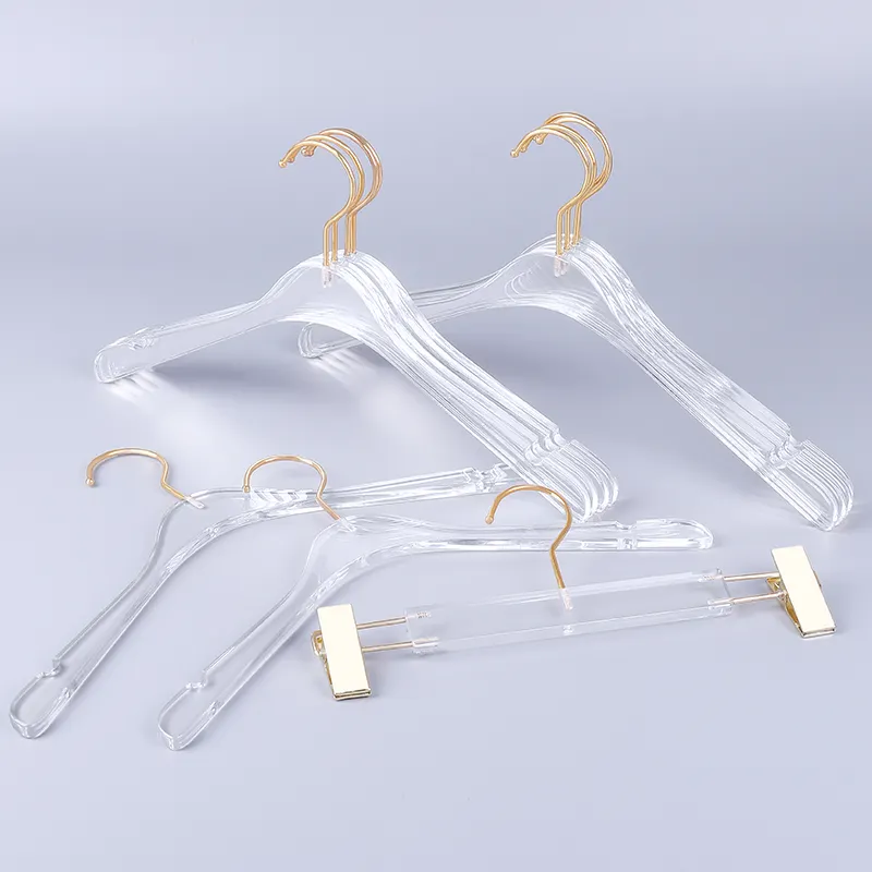 New clothing store transparent clear rack acrylic clothes and pants hanger with Gold Hook
