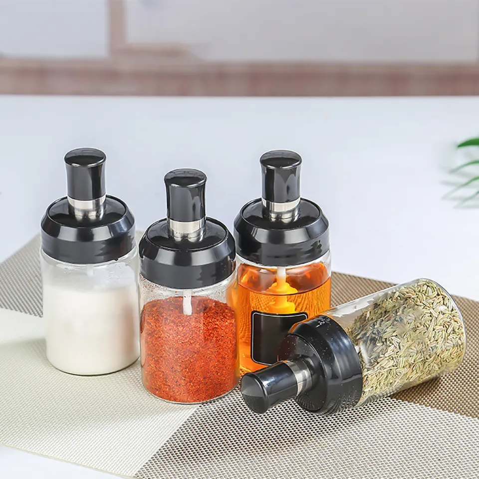 Glass Spice Box Spoon and Lid Integrated Spice Jar Combination Seasoning Jar Kitchen Supplies Home Salt Shaker Oil Bottle