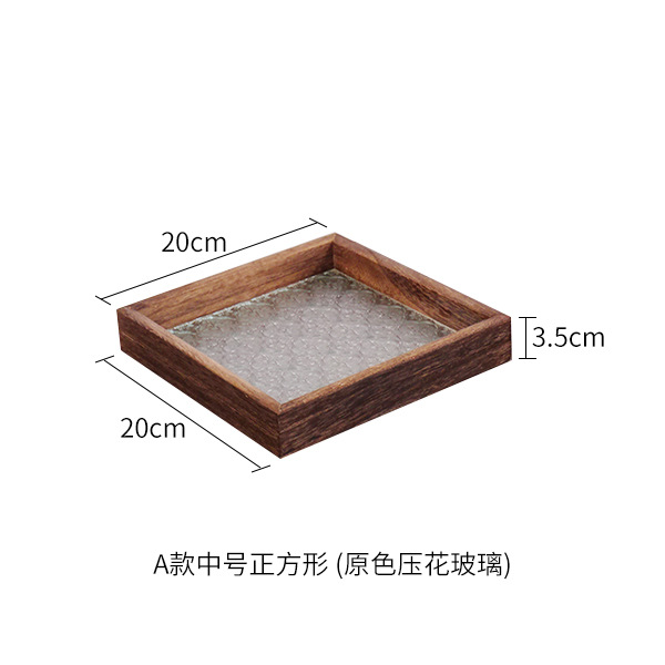Vintage style begonia flower glass tray solid wood rectangular small tea tray water cup storage fruit tray snack plate