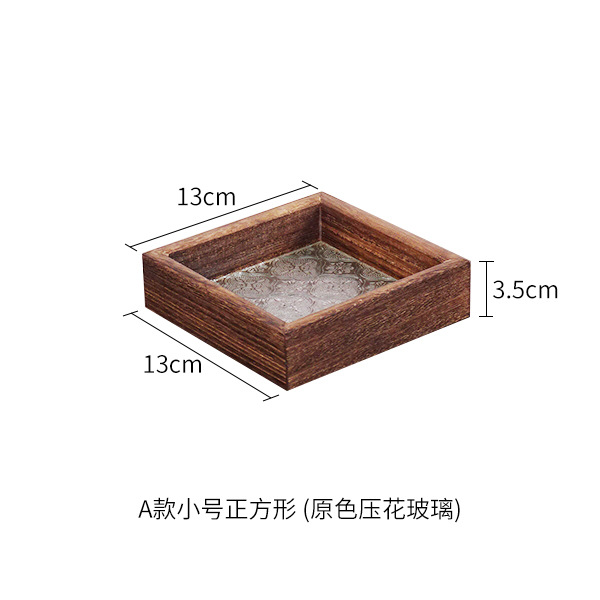 Vintage style begonia flower glass tray solid wood rectangular small tea tray water cup storage fruit tray snack plate