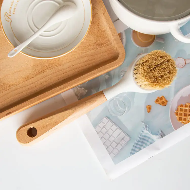 Oem Multi-Functional Birch Wood Handle Built-in Scraper Head Pan Sisal Pot Brush Kitchen Cleaning Brush For Sink Stove